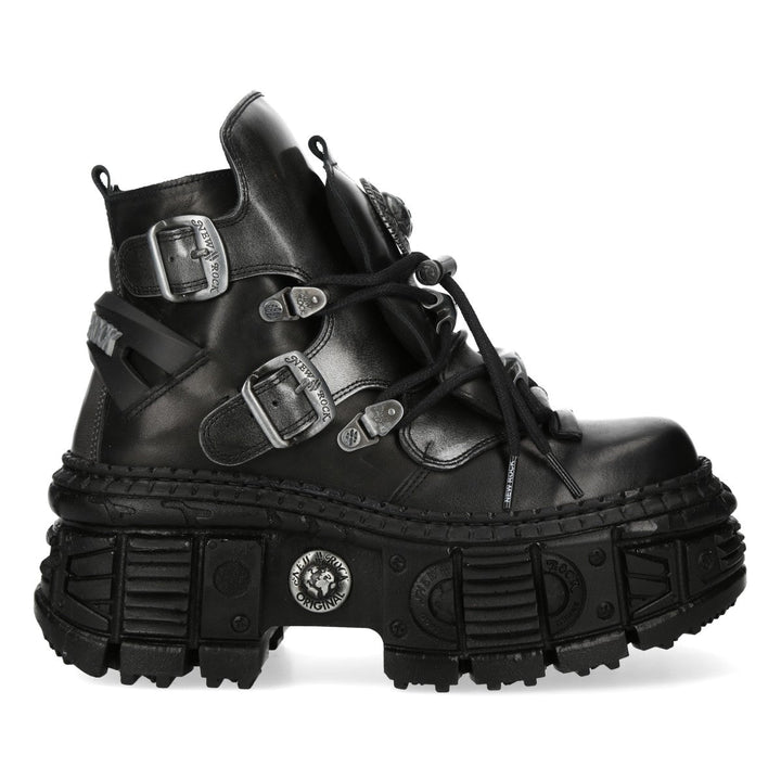 New Rock M-WALL052-C1 Black Leather Tank Platform Buckle Ankle Boots