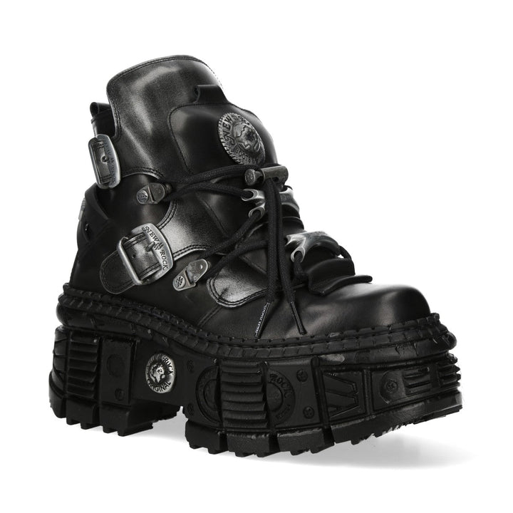 New Rock M-WALL052-C1 Black Leather Tank Platform Buckle Ankle Boots