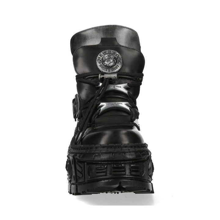 New Rock M-WALL052-C1 Black Leather Tank Platform Buckle Ankle Boots