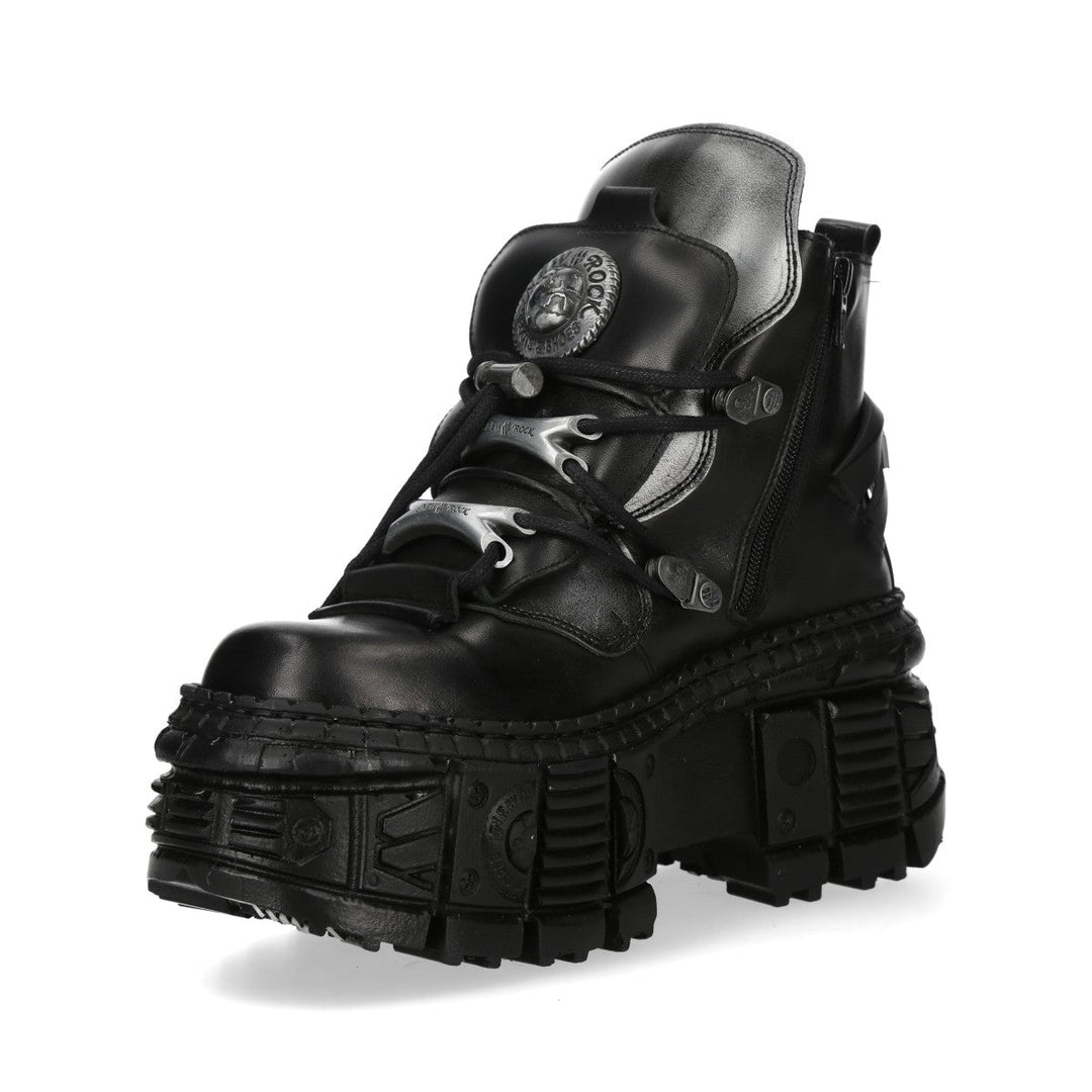 New Rock M-WALL052-C1 Black Leather Tank Platform Buckle Ankle Boots