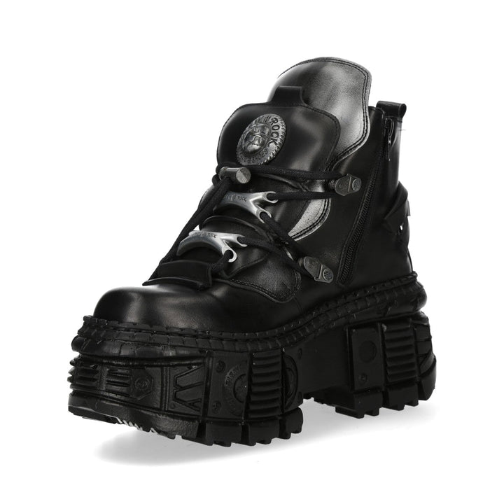 New Rock M-WALL052-C1 Black Leather Tank Platform Buckle Ankle Boots