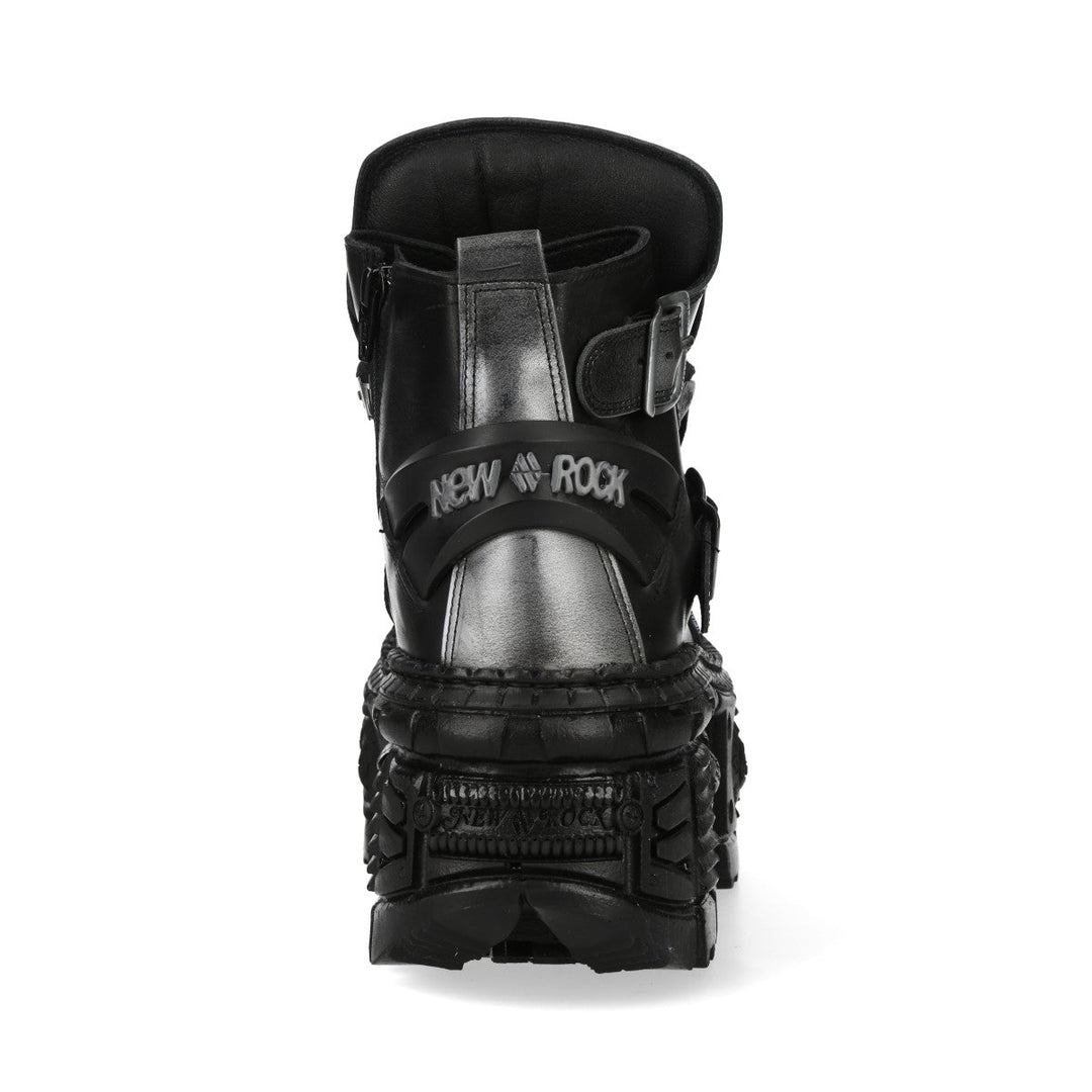 New Rock M-WALL052-C1 Black Leather Tank Platform Buckle Ankle Boots