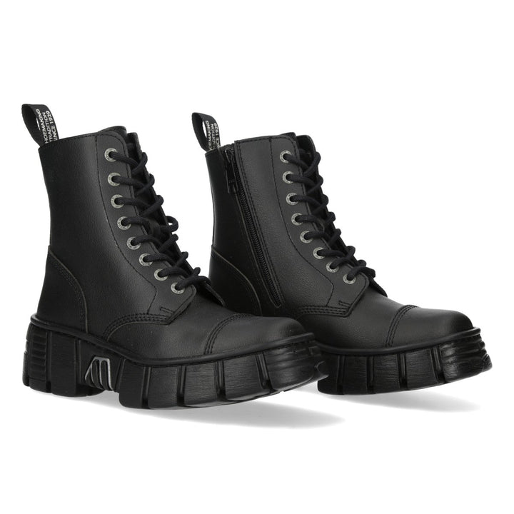 New Rock M-WALL083C-V8 Black Vegan Leather Military Platform Ankle Boots