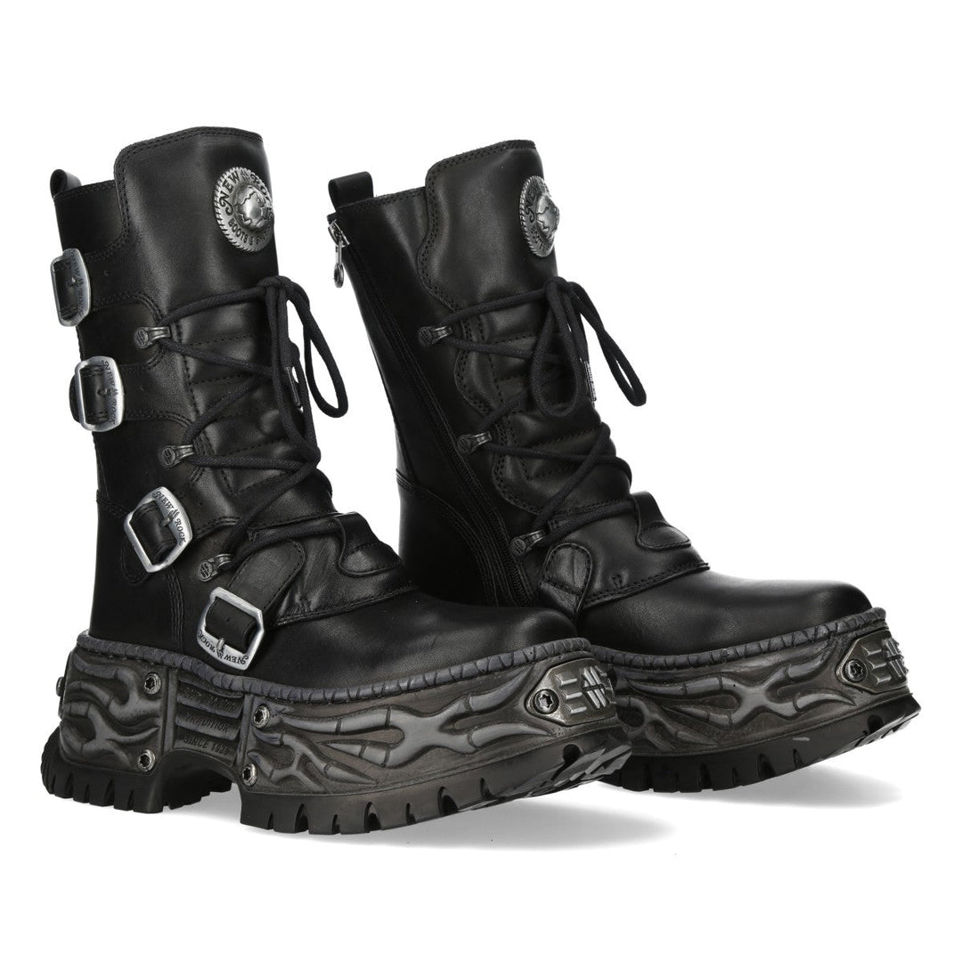 New Rock M-WALL373-C33 Black Leather Four Buckle Platform Boots