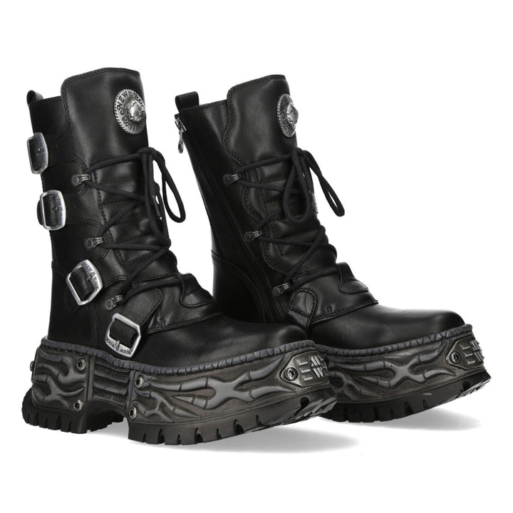 New Rock M-WALL373-C33 Black Leather Four Buckle Platform Boots