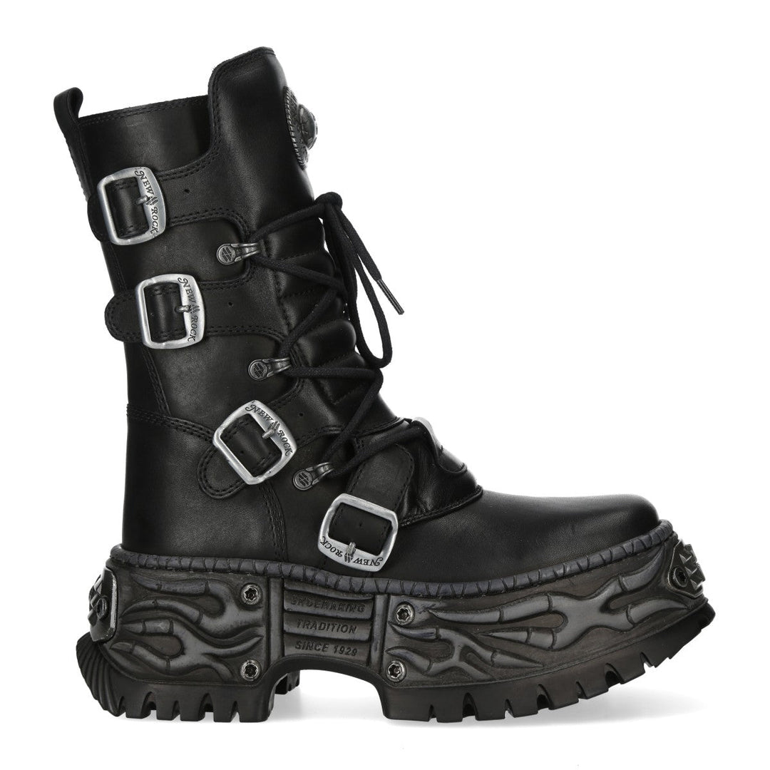 New Rock M-WALL373-C33 Black Leather Four Buckle Platform Boots
