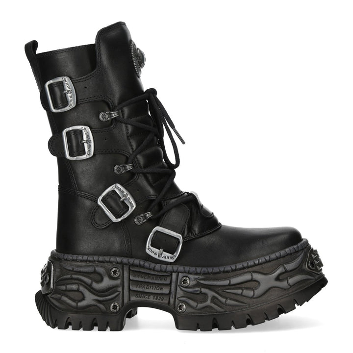 New Rock M-WALL373-C33 Black Leather Four Buckle Platform Boots