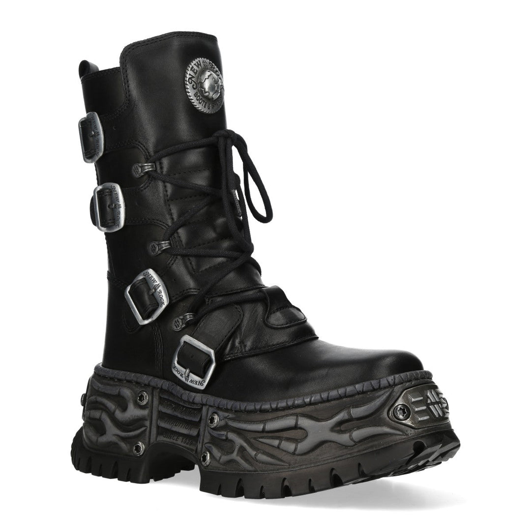 New Rock M-WALL373-C33 Black Leather Four Buckle Platform Boots