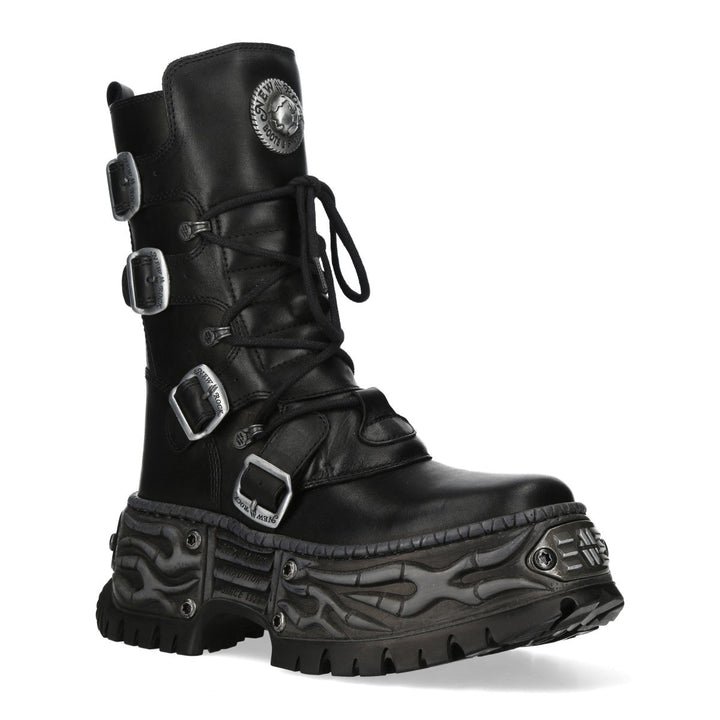 New Rock M-WALL373-C33 Black Leather Four Buckle Platform Boots