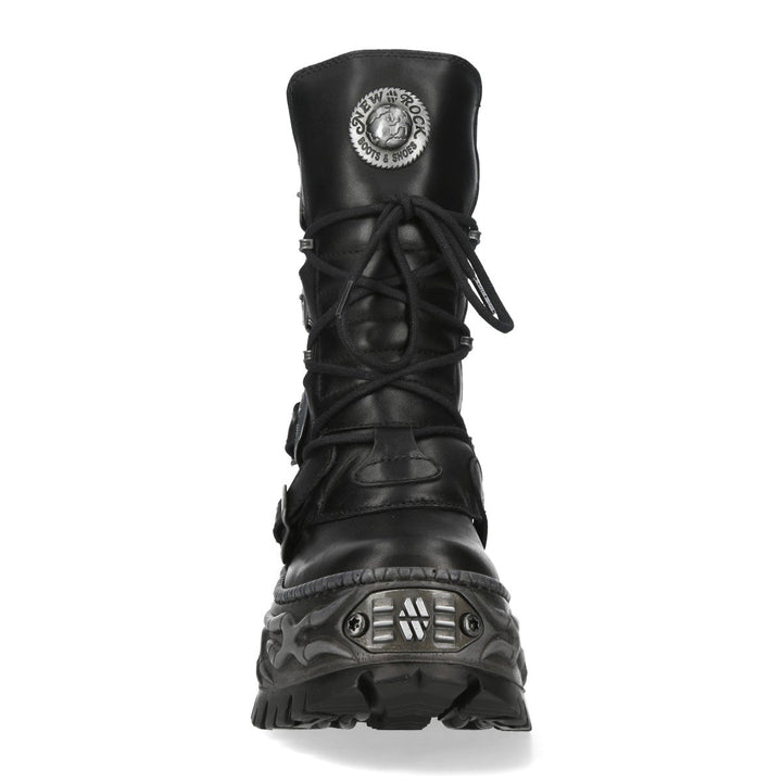 New Rock M-WALL373-C33 Black Leather Four Buckle Platform Boots