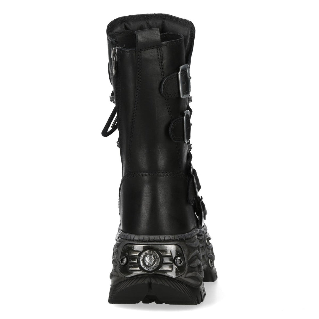 New Rock M-WALL373-C33 Black Leather Four Buckle Platform Boots