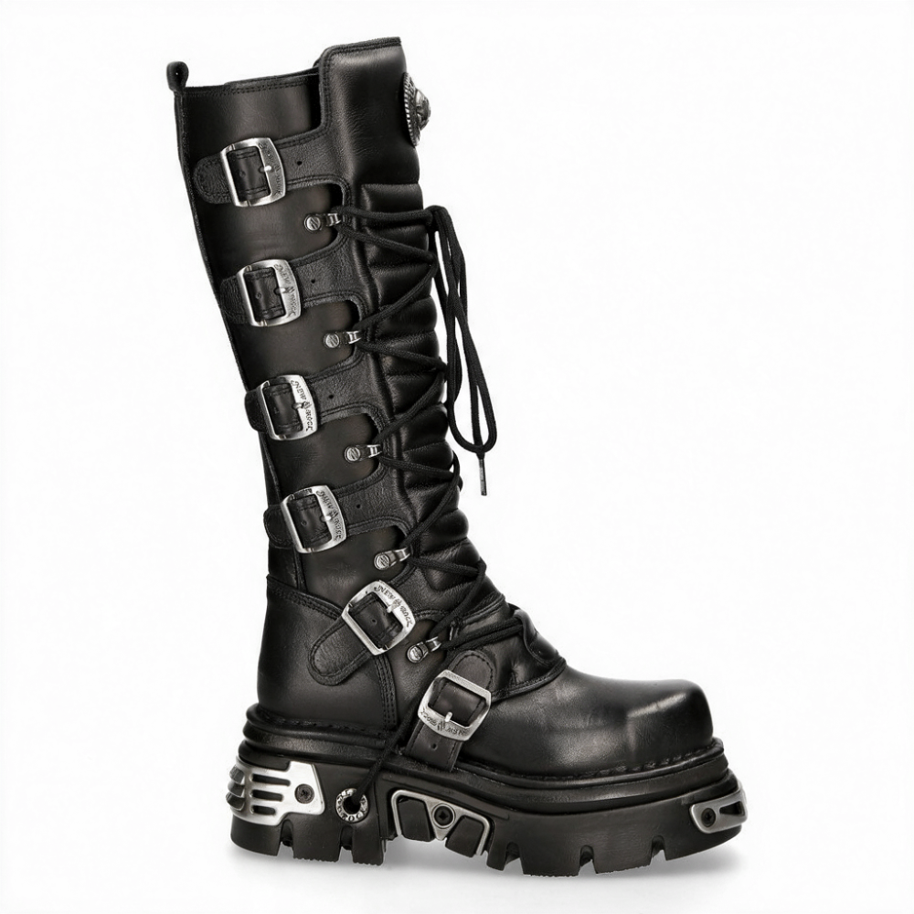 New Rock M-272MT-S1 Black Leather Buckle Strap Knee-High Boots