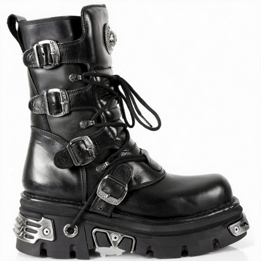 New Rock M-373-S4 Black Leather Buckle Strap Mid-Calf Boots