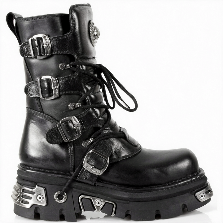 New Rock M-373-S4 Black Leather Buckle Strap Mid-Calf Boots