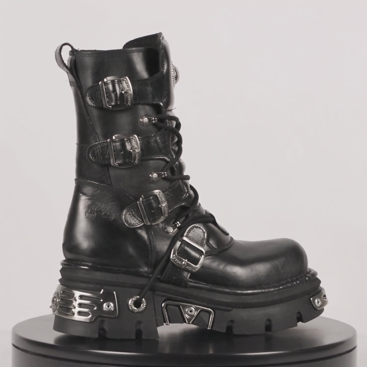 New Rock M-373-S4 Black Leather Buckle Strap Mid-Calf Boots