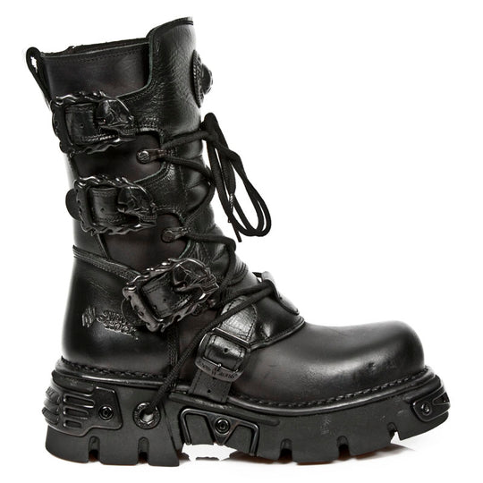 New Rock M-391-S18 Black Leather Blacked-Out Skull Flame Buckle Mid ...