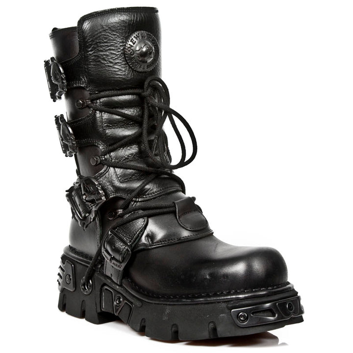 New Rock M-391-S18 Black Leather Blacked-Out Skull Flame Buckle Mid ...
